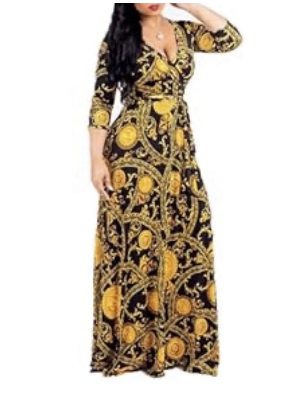 Long Sleeve Black and Gold‎ Printed Wrap Plus Size Formal, Party/Buchona Dress